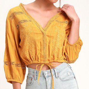 Free People Follow Your Heart embroidered cotton crop top blouse in gold